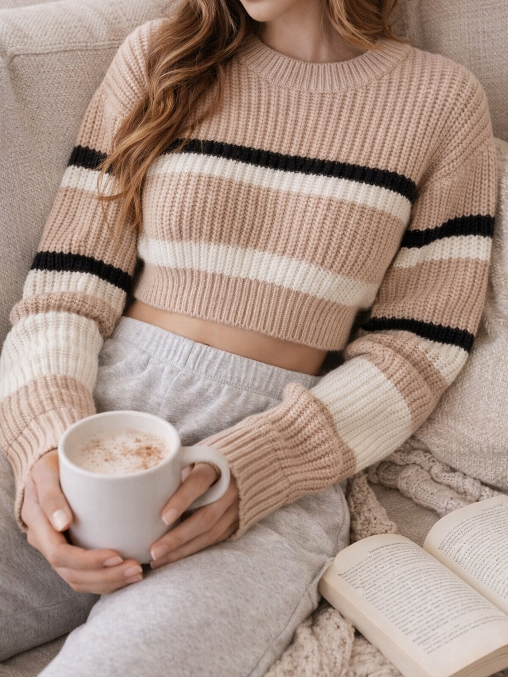 Tan Cream Black Stripe Knit Sweater XS Cropped Ribbed Long Sleeve Soft Norm Mini
